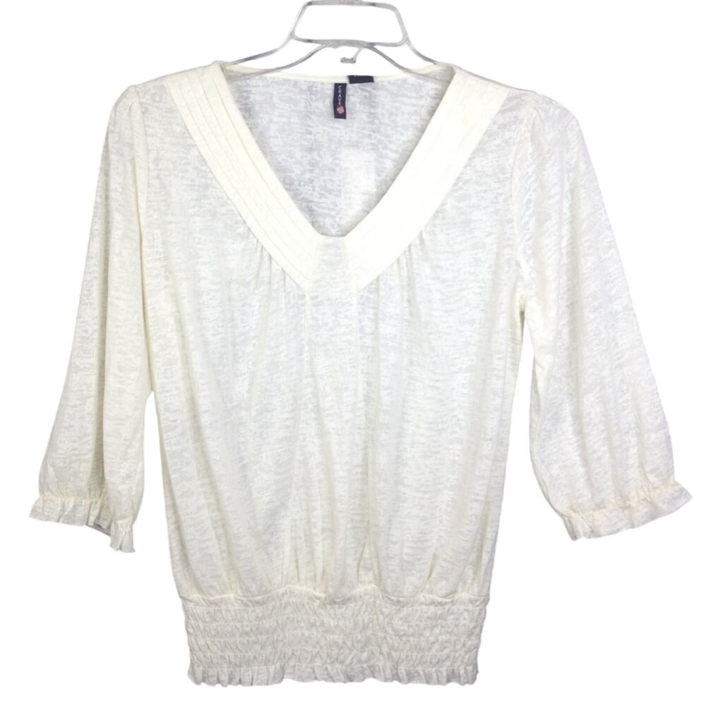 Crave V Neck 3/4 Sleeve Cream Burnout Women's Blouse Large